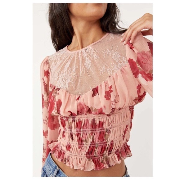 FREE PEOPLE BOHO BLOUSE FLORAL FESTIVAL PRINT LONG SLEEVES CROP TOP A3C - Picture 4 of 9